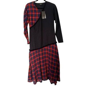 NWT Bogdar XS Plaid Fringe Trim Asymmetrical Art to Wear Ami Dress
